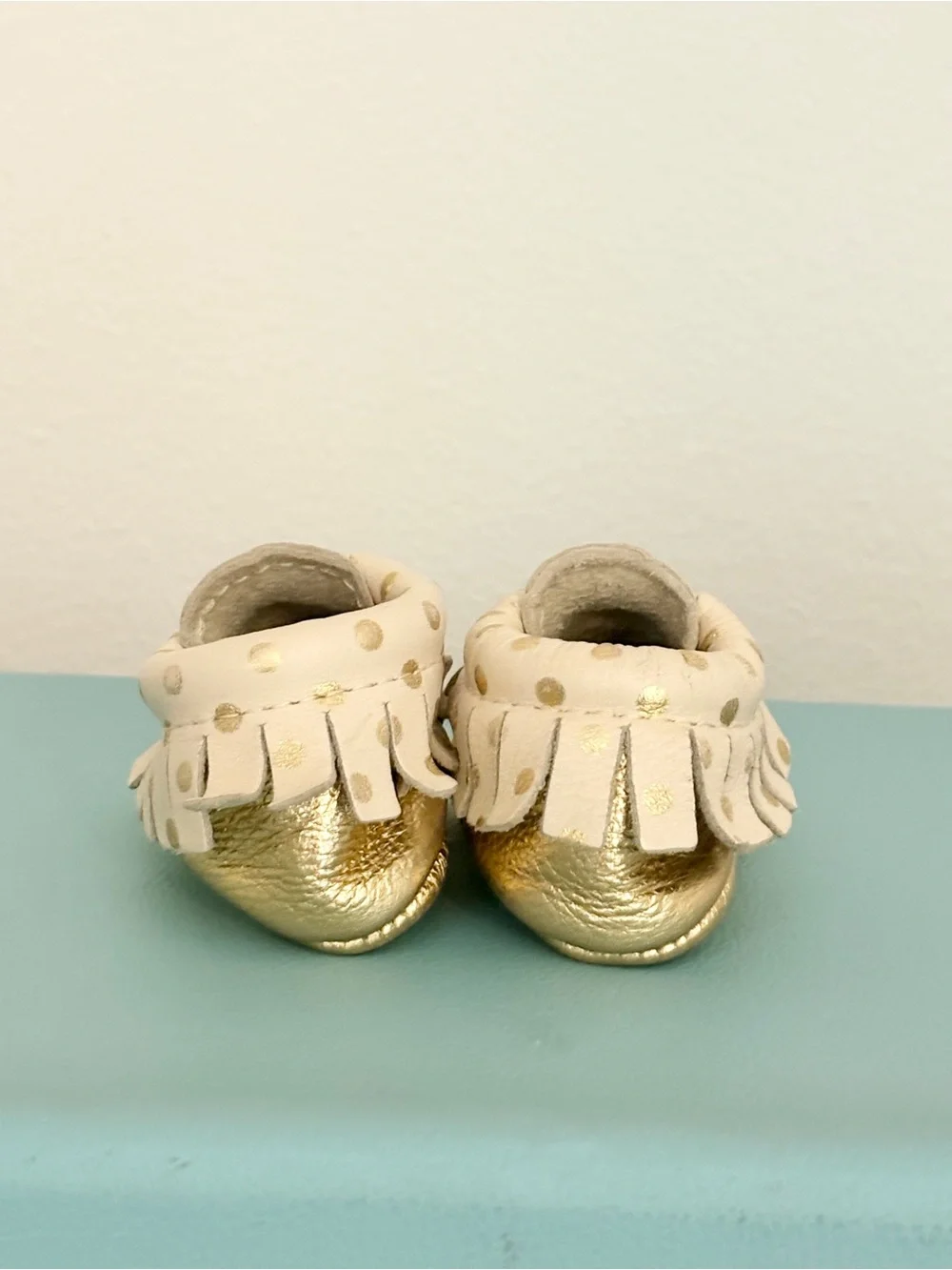 Freshly Picked Infant Cream Leather Moccasin Shoes with Gold Dots
